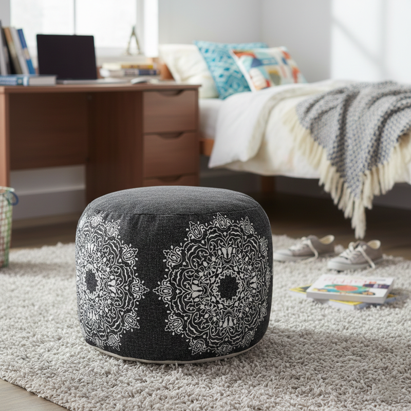 Round Black Medallion Pouf Ottoman - 14 Inch Height, 18 Inch Wide, Versatile Decor