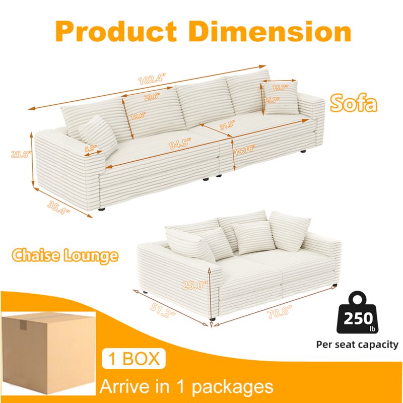 104.3-Inch Plush Corduroy 4-Seat Sofa - Cloud-Like Comfort
