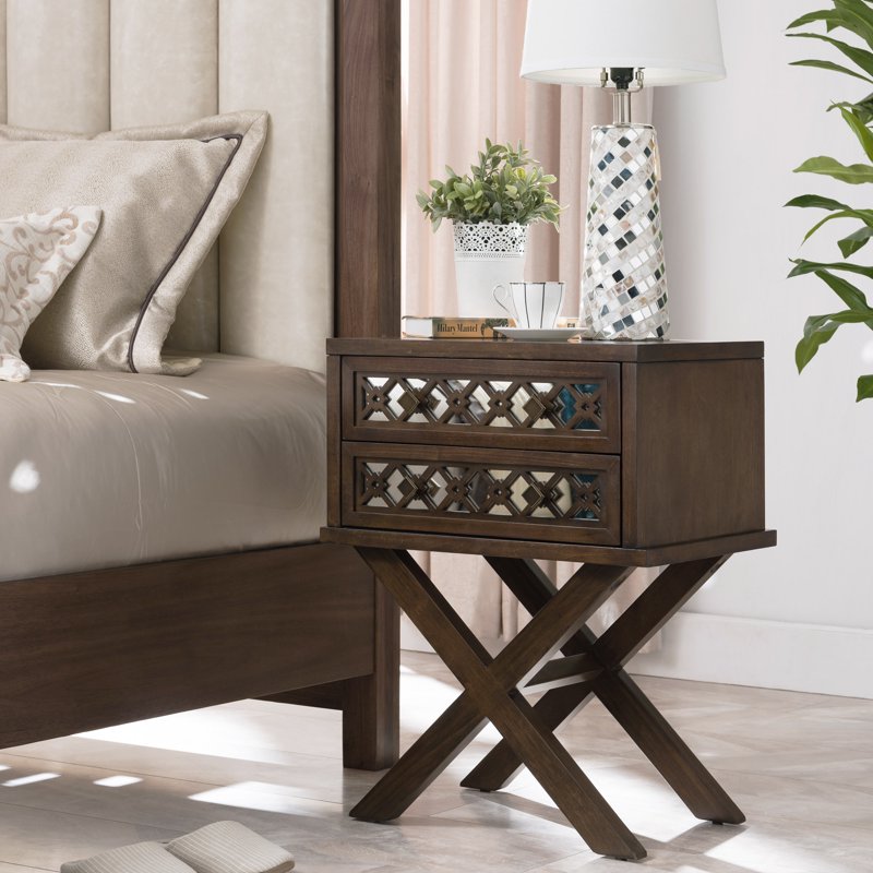 Leick Home Walnut Two Drawer Mirrored Diamond Filigree X Base Nightstand