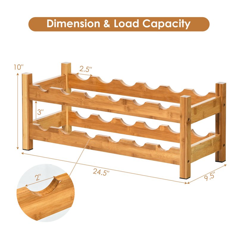 2-Tier Bamboo Wine Rack for 12 Bottles - Natural Wood Storage