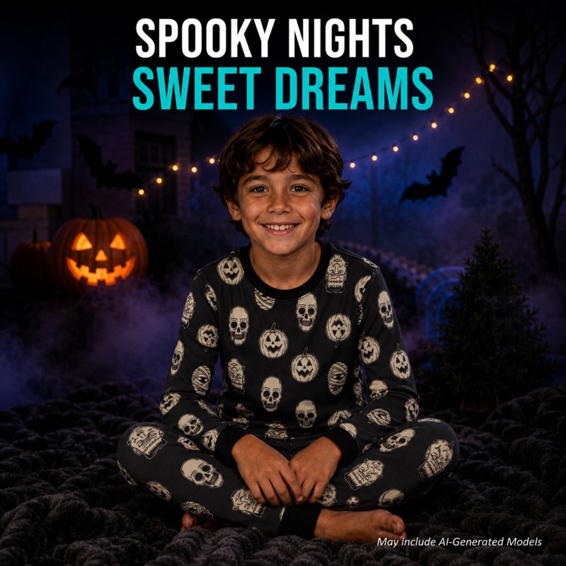 Halloween Boys Pajama Set - Glow-in-the-Dark Skeleton & Pumpkin 2T-12 - Black Skeleton 3T