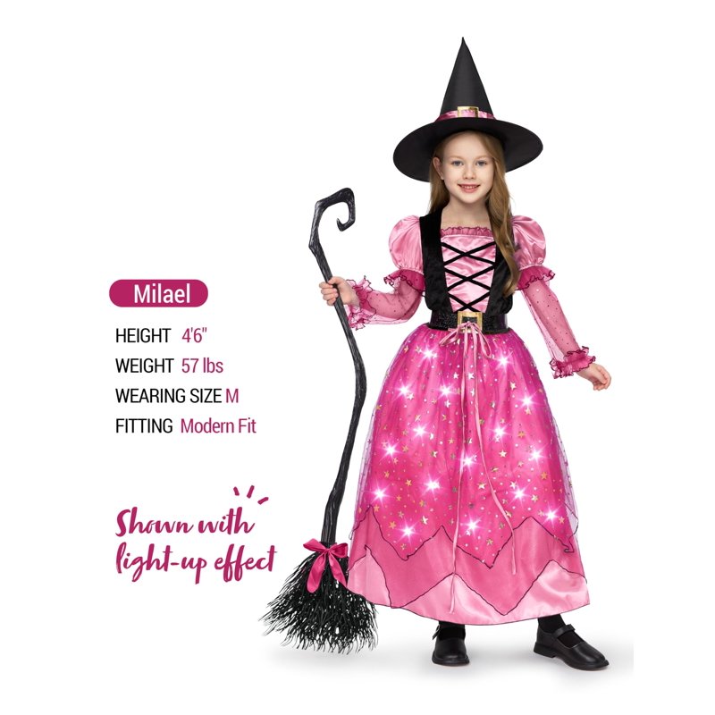 Pink Light-Up Witch Costume Set for Girls - Starry Dress, Broom, Hat & Belt, 8-10 Years