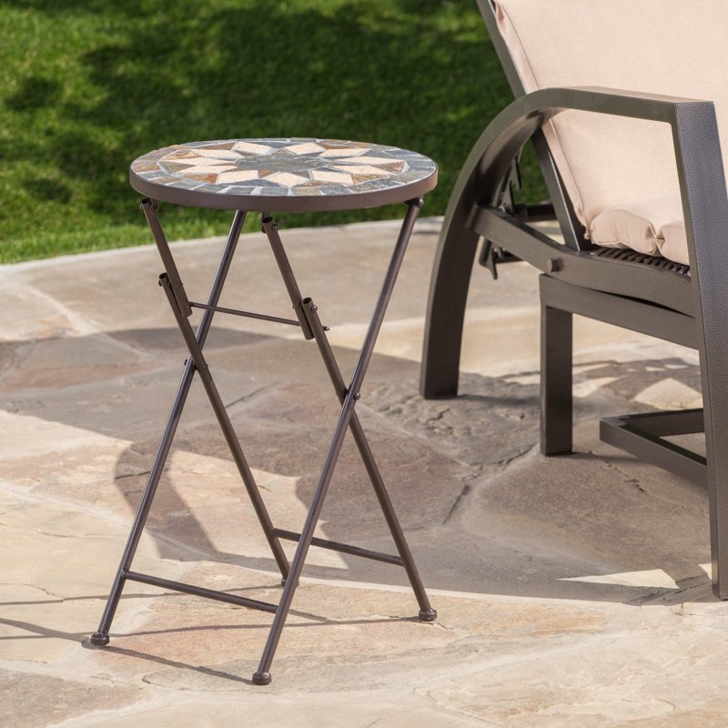 Outdoor Stone Side Table with Iron Frame - Beige & Black
