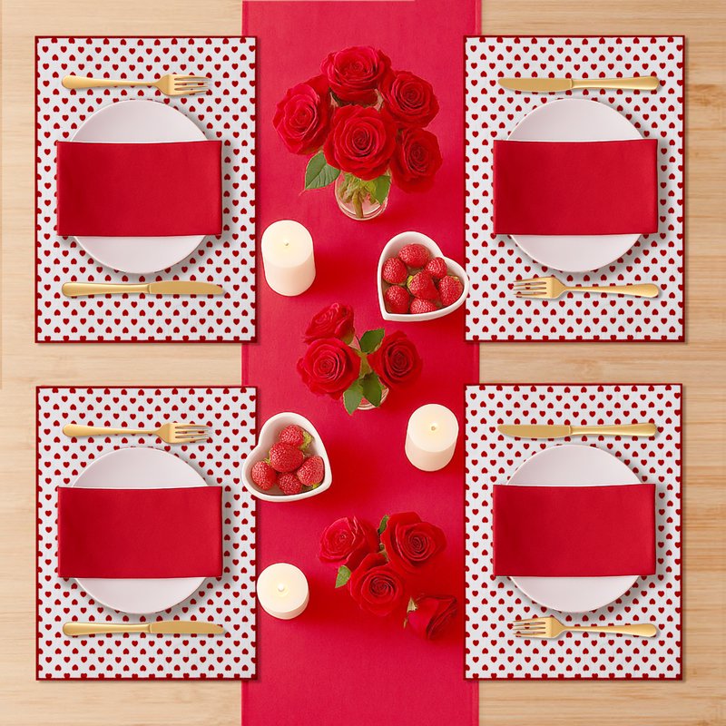 Reversible Hearts Table Runner - 14" x 90" - Cotton, Red & Ivory