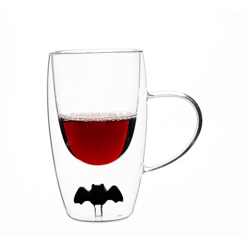 Coffee Glass Mug with Bat Charm - Double Wall Borosilicate