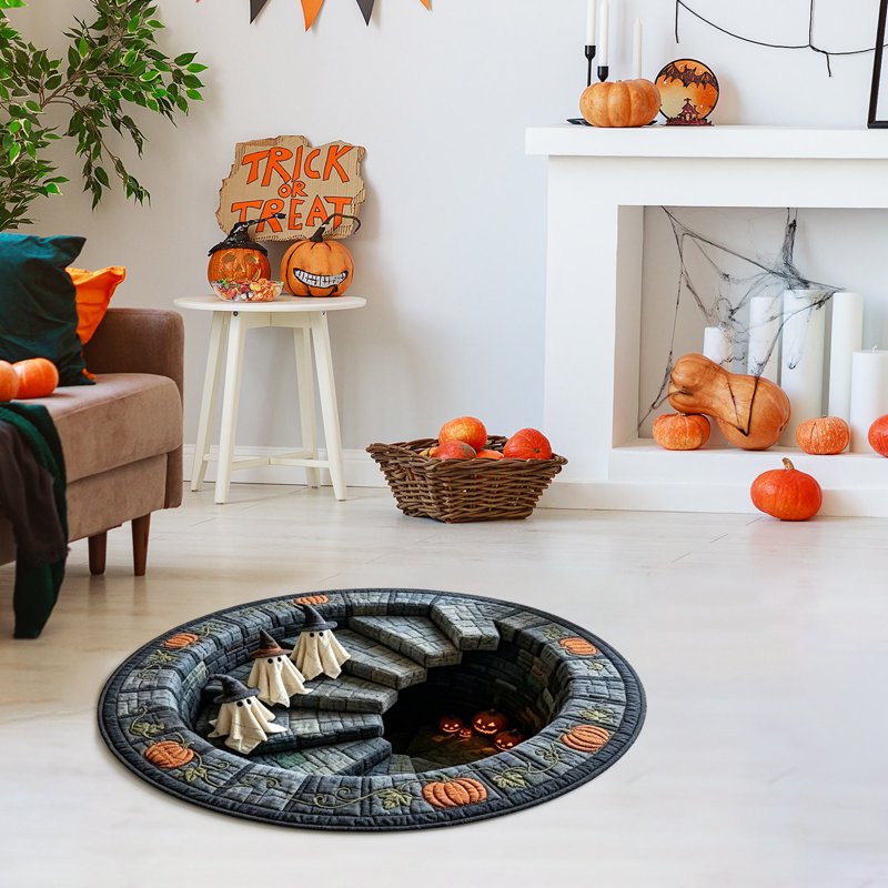 40x40cm Optical Illusion Halloween Doormat with Ghost Pumpkin Skull Design - Non Slip & Washable