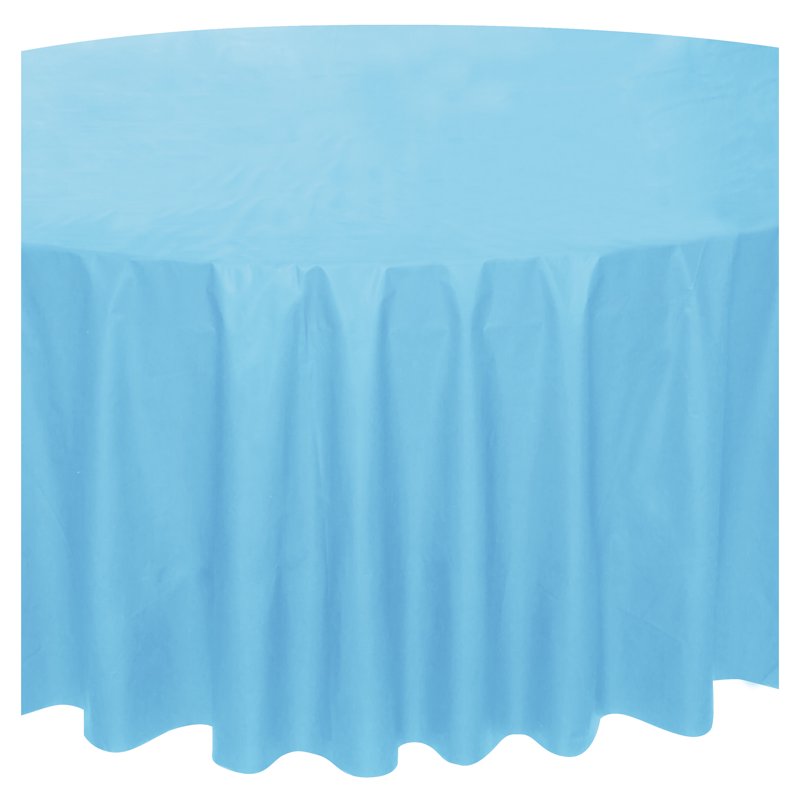 84-Inch Light Blue Round Plastic Table Cover - Single Use