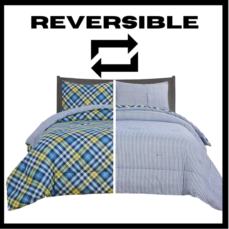 Kids Reversible Microfiber Comforter Set - Full Size Blue & Yellow Plaid - Bedding Collection with Sham - Diagonal Pattern