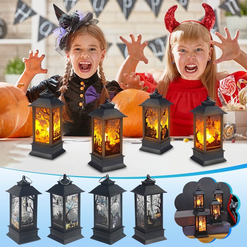 Halloween Lantern LED Hanging Lamp with Skeleton and Pumpkin - Castle Witch Variation