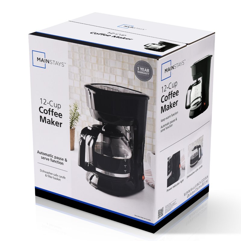 12-Cup Drip Coffee Maker - Black with Removable Filter Basket