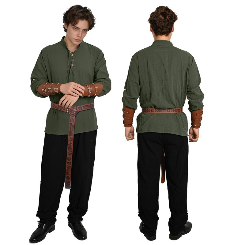 Men's Renaissance Pirate Costume Set - Medieval Shirt & Ankle Banded Pants, Green, M