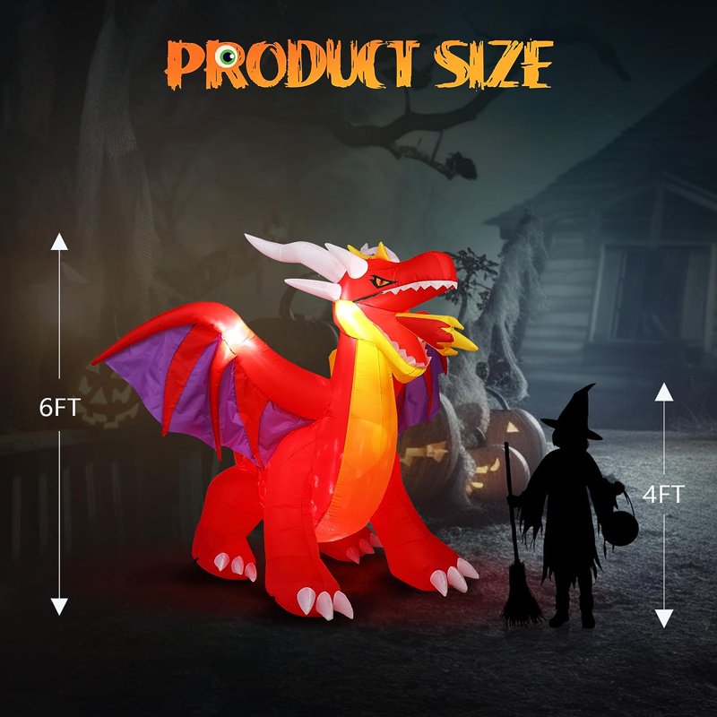 Tall Halloween Inflatable Dragon with LED Lights, Outdoor Yard Decoration