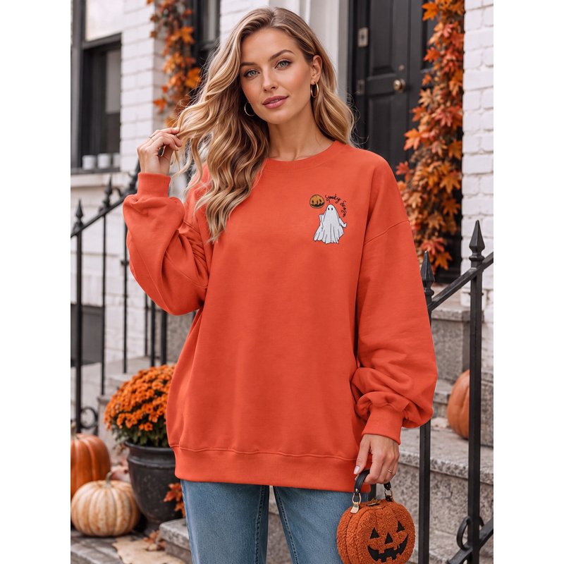 Halloween Pumpkin Sweatshirt Women Spooky Season Long Sleeve Pullover - Orange XXL
