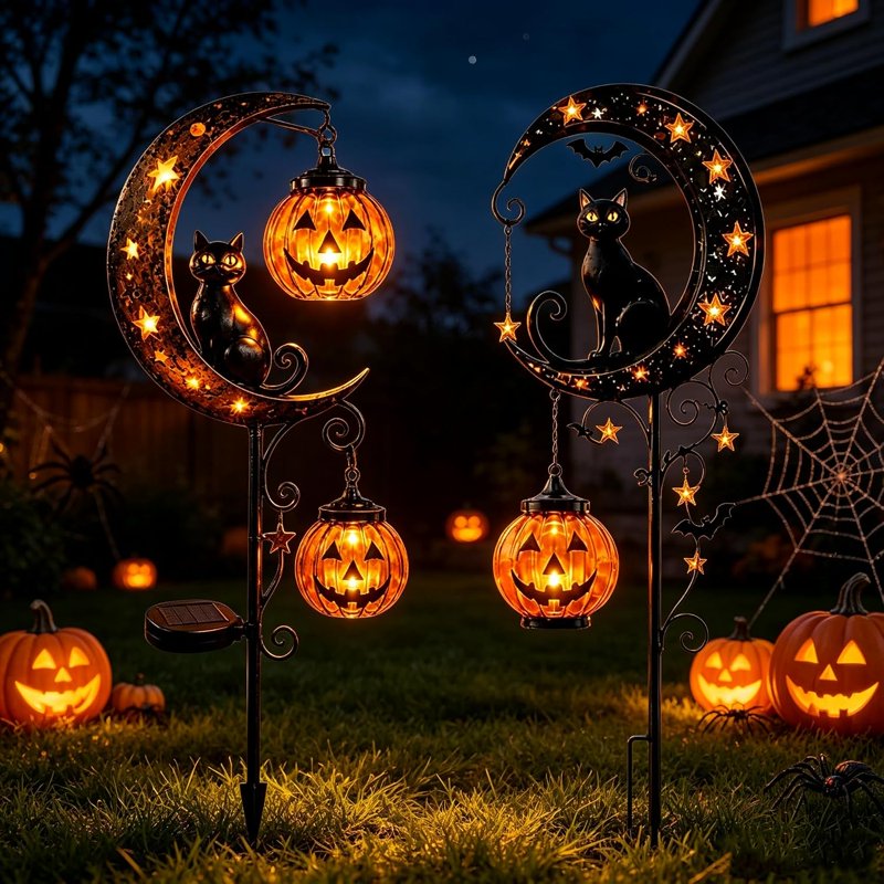 Solar Halloween Black Cat & Pumpkin Moon Garden Stake Light - Outdoor Waterproof Decoration with Crescent Moon - Variation A+C
