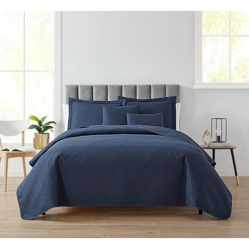 Queen Navy Microfiber Quilt Set with Diamond Weave Pattern - Lightweight & Soft