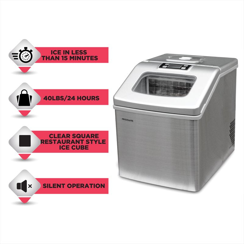 40 lbs. Stainless Steel Countertop Ice Maker - Clear Square Ice