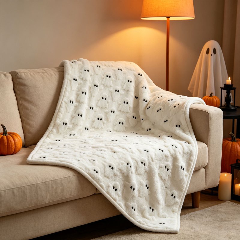 Halloween Fleece Throw Blanket - Ghost & Pumpkin Print, White, 70x100cm - Cozy Sofa Couch Bed Decor
