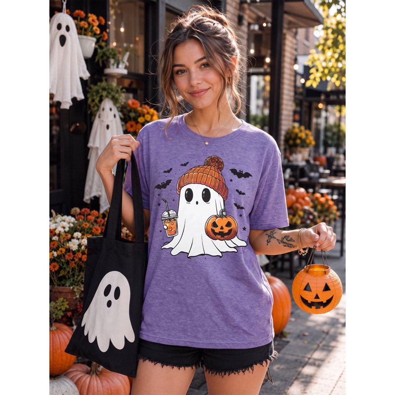 Purple Halloween Ghost Pumpkin T-Shirt for Women Cute Coffee Lover Graphic Tee - Small