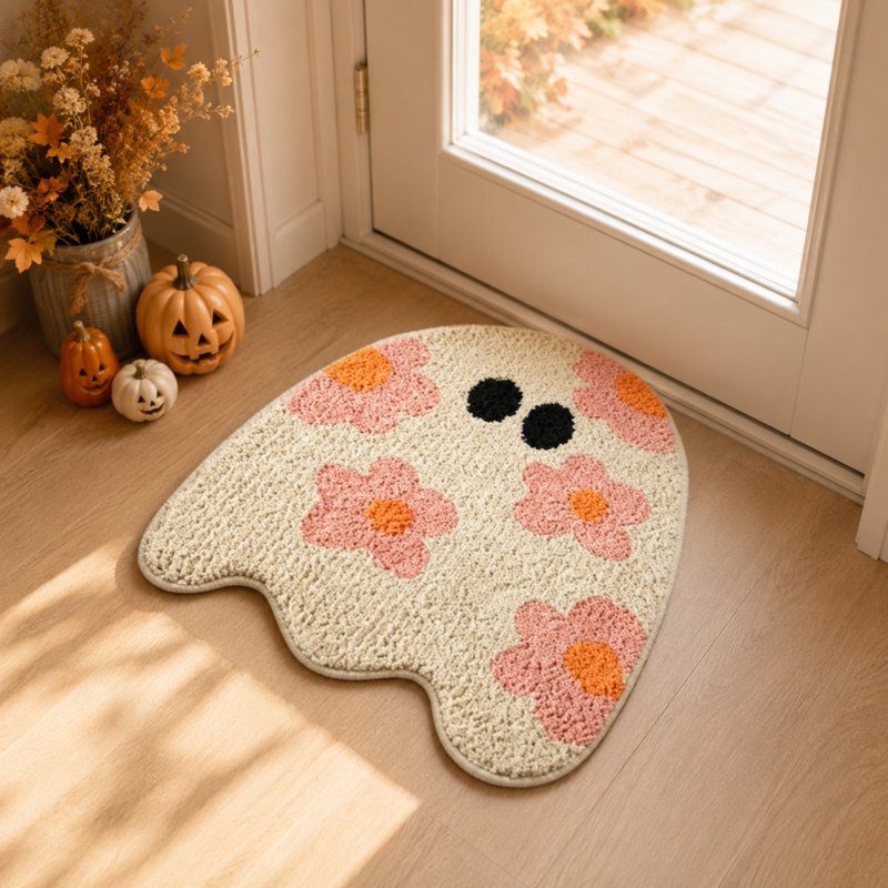 Halloween Pinks Ghost Doormat with Floral Patterns - Indoor Outdoor Rug, 15.7x23.6in