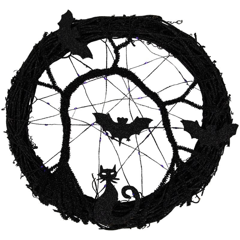 LED Halloween Wreath with Bats and Purple Lights - 13 Inch Black Twig Decor
