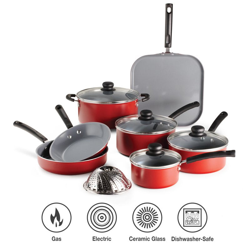 18-Piece Ceramic Cookware Set - Red, Easy Clean & Lightweight
