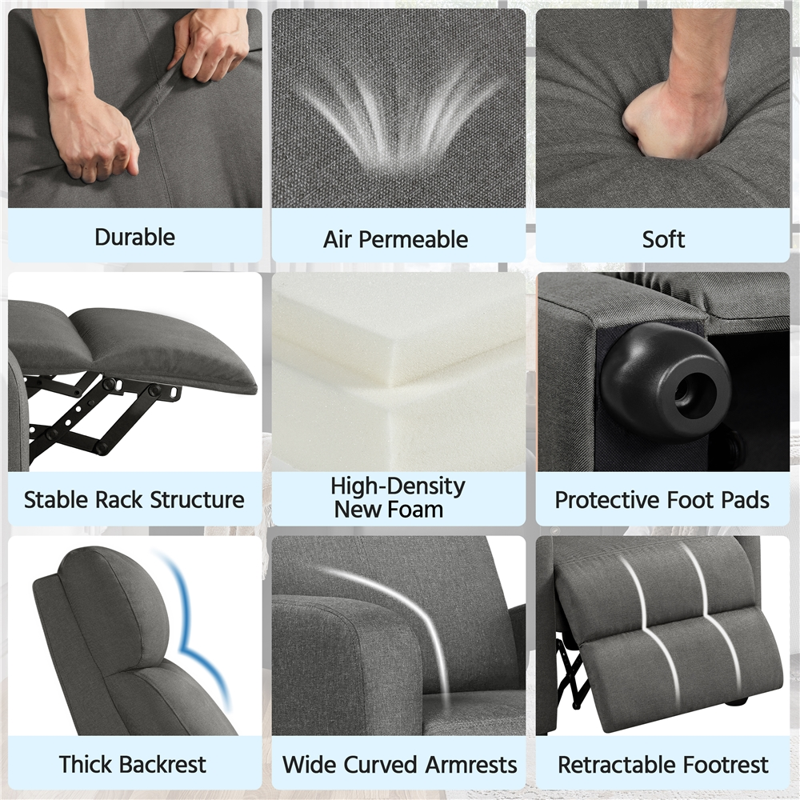 Push Back Theater Recliner Chair with Adjustable Footrest - Multiple Colors