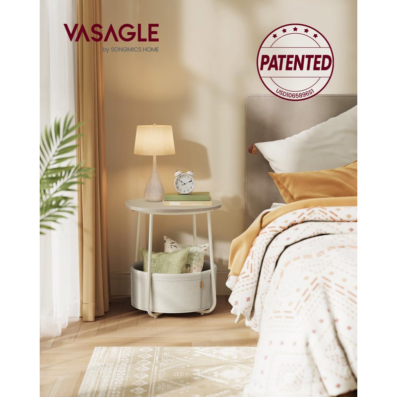 Round Side Table with Fabric Storage Basket - Cream White