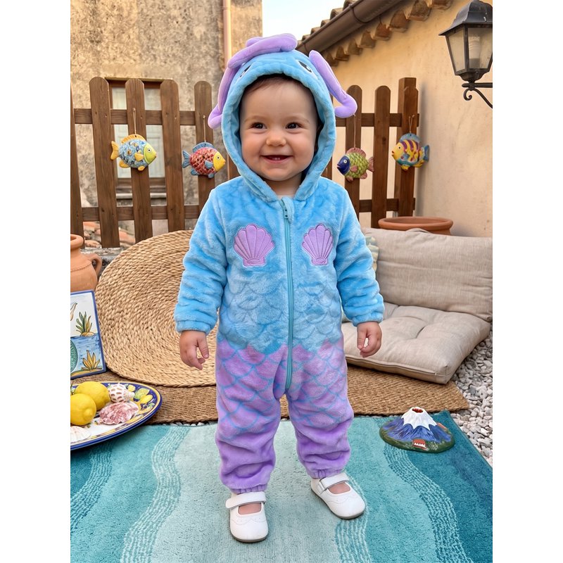 Kids Mermaid Costume Toddler Girl Fleece Jumpsuit - Blue Purple 4-5 Years