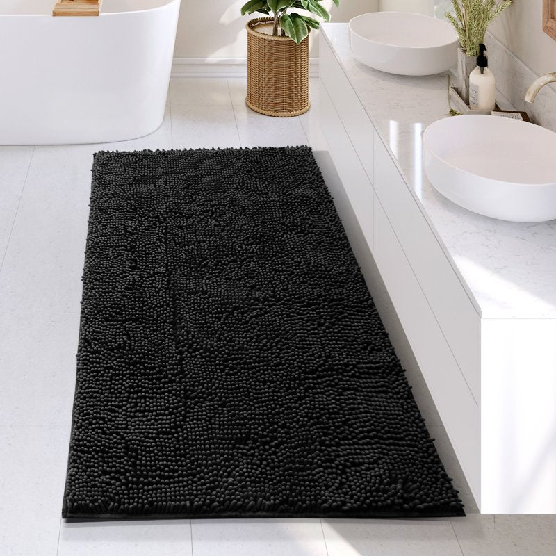 Non Slip Chenille Bathroom Rug - 26x44 Black Ombre Bath Mat, Ultra Absorbent