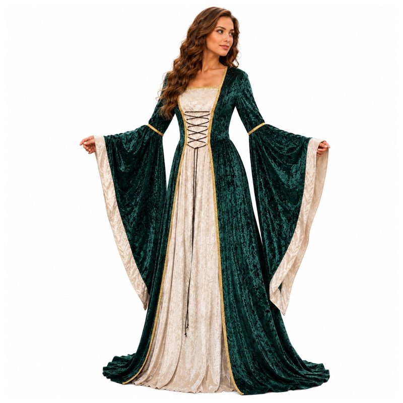 Women Gothic Witch Costume Dress - Halloween Renaissance Medieval Velvet L - White