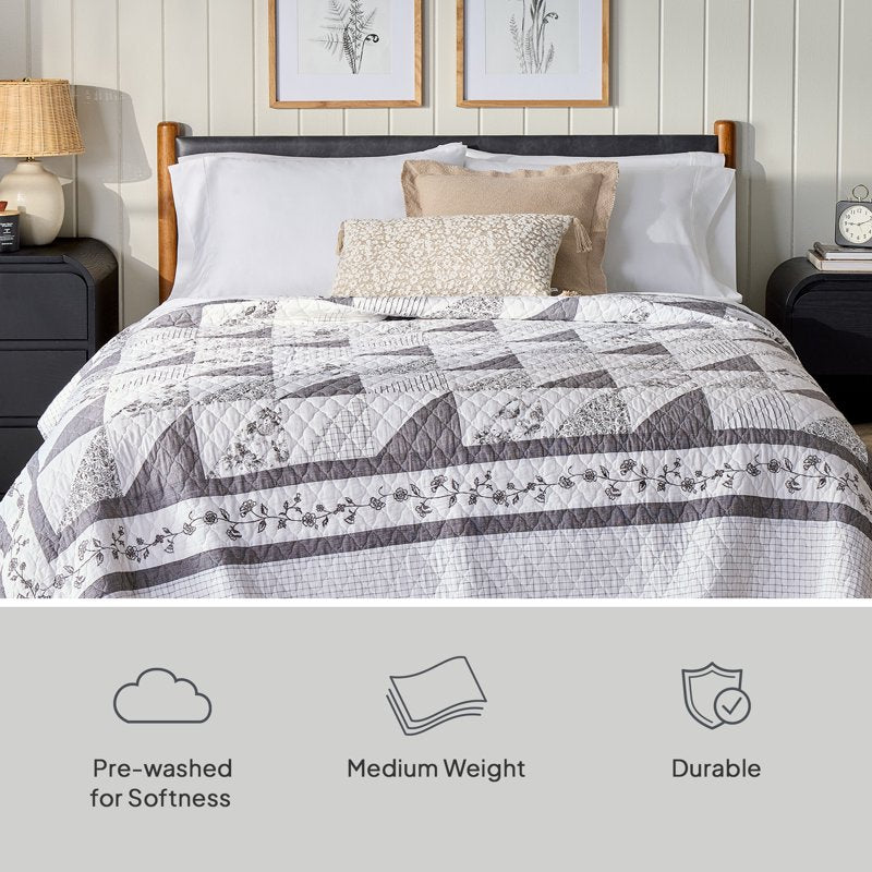 Heirloom Patchwork Quilt California King - Grey and White Reversible Bedspread