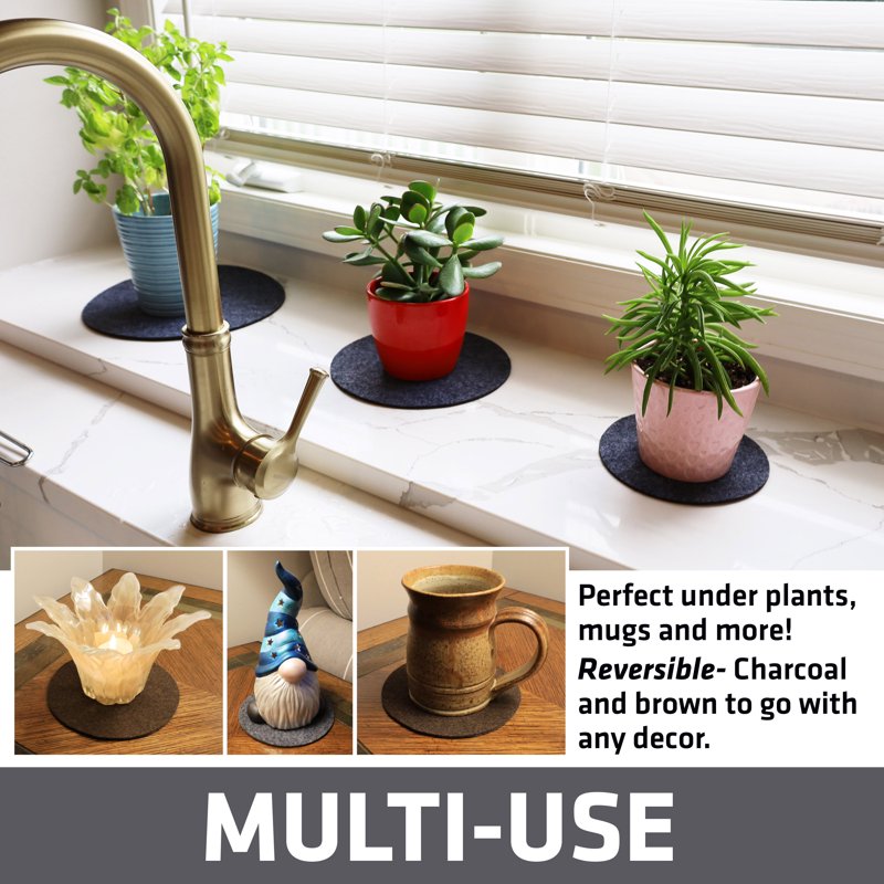 Plant Coaster Mats - 3 Pack Reversible Surface Protectors, Charcoal/Brown, 6”, 8”, 10”
