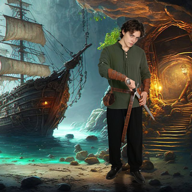 Men's Halloween Renaissance Pirate Costume Set with Shirt, Pants & Accessories - Green, XXL