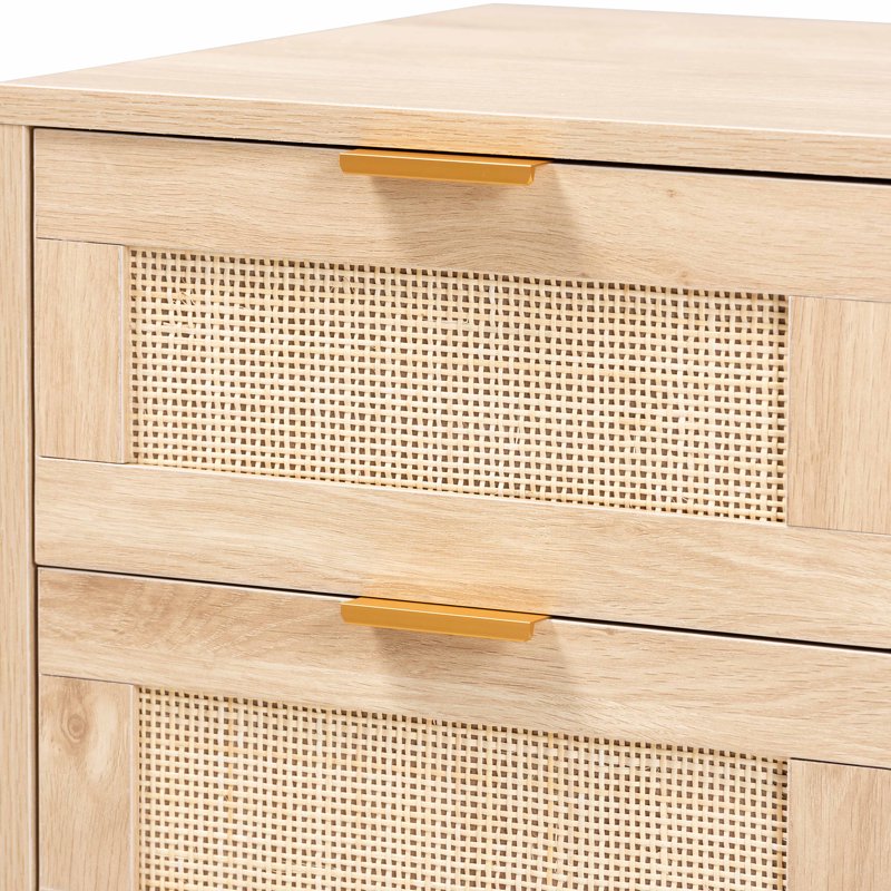 Mid-Century Modern Light Oak Brown End Table with Rattan Drawers