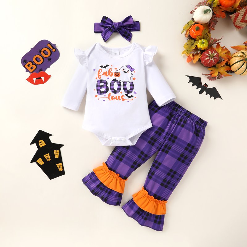 Purple Baby Halloween Romper Set with Pants & Headband - 12-18 Months