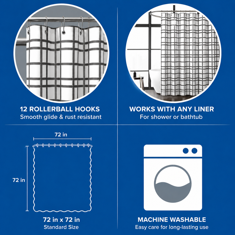14-Piece Black & White Plaid Shower Curtain Set with Waterproof Liner & Hooks – 72x72 Inches