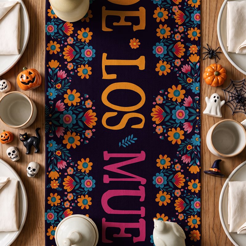 Halloween Skull Table Runner 13x72 Inch Watercolor Marigolds Decor - Variation G