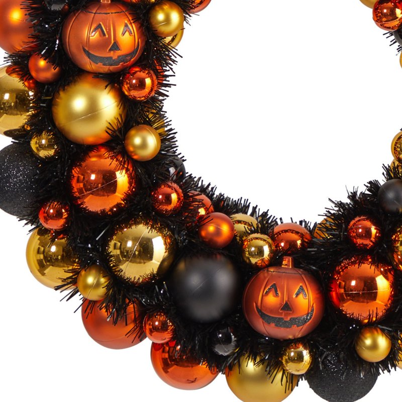 30-Inch Halloween Pumpkin Wreath Shatterproof Jack-o'-Lantern Decor