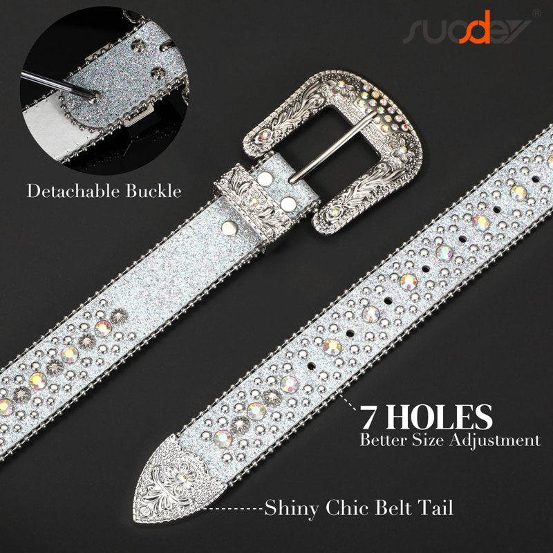 Sparkly Rhinestone Western Cowboy Belt for Women Men - Silver, Fits Waist 40-44"