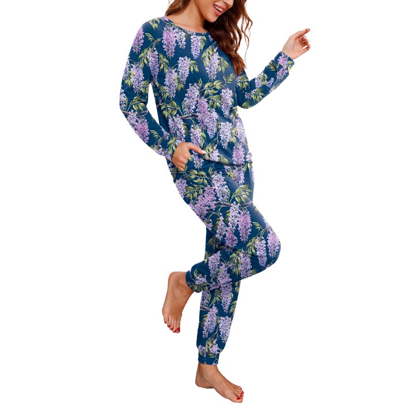 Navy Blue Wisteria Womens Pajama Set Long Sleeve Sleepwear with Pockets - 2XL