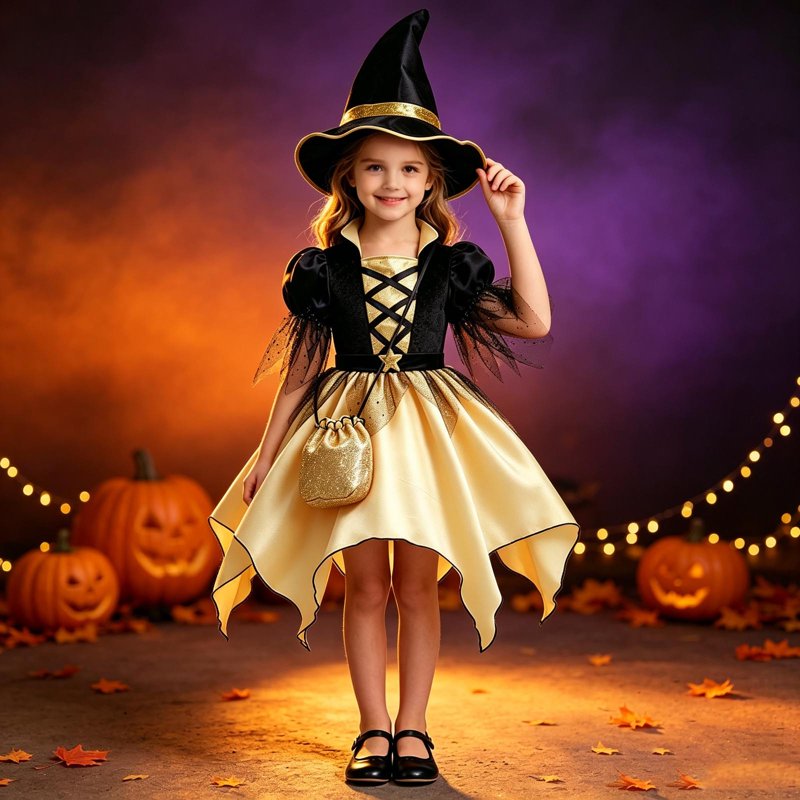 Girls Halloween Witch Costume Dress with Hat and Bag - Black, 8-9 Years - Fancy Dress Up Clothes