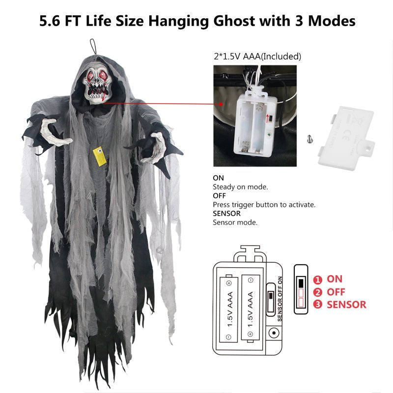Halloween Skeleton Hanging Ghost Light-Up Grim Reaper Decoration - Black, 5.7FT