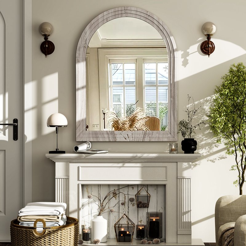30x40 Arched Wooden Wall Mirror - White Framed Bathroom & Living Room Decor
