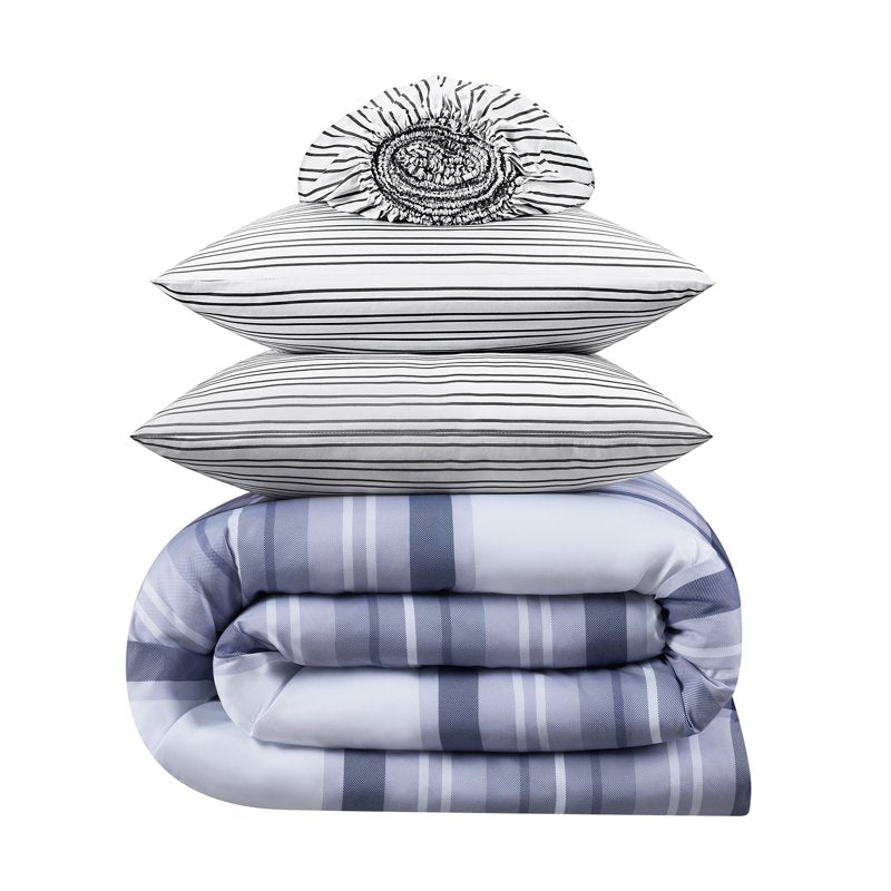 Serta Simply Clean King Bedding Set with Blue Plaid - 7-Piece Bed in a Bag