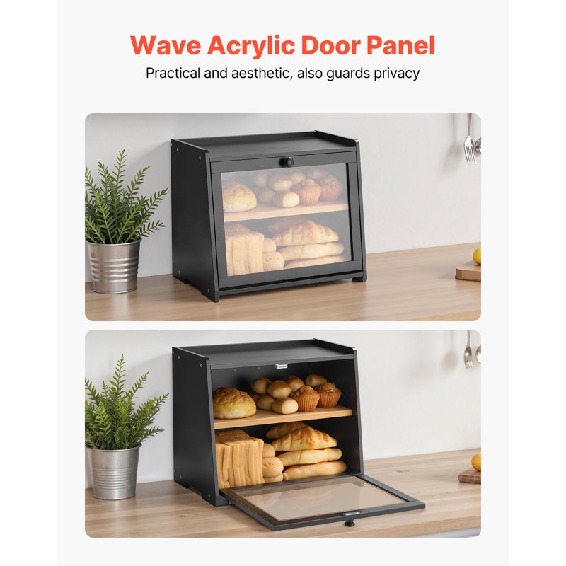 Double-Layer Bamboo Bread Box with Acrylic Wavy Door - Trapezoid 1