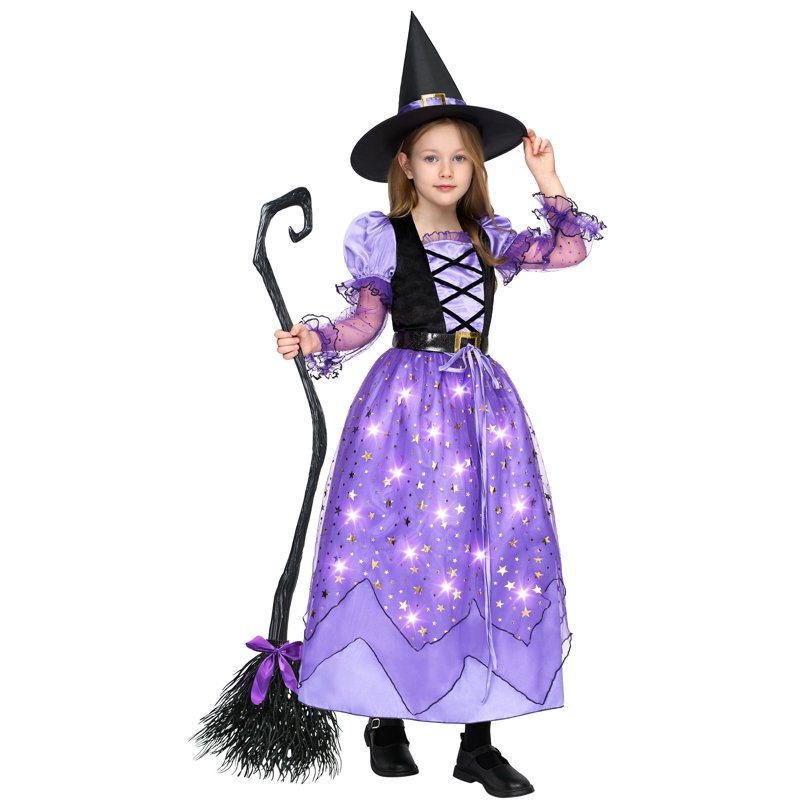 Purple Light-Up Witch Costume Set for Girls 10-12 Years Starry Dress with Broom & Hat
