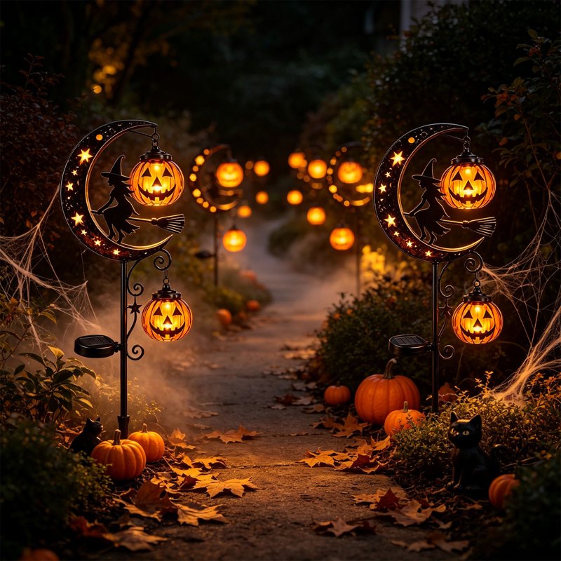 Solar Halloween Pumpkin & Moon Garden Stake Lights - Waterproof Metal Yard Decor - J