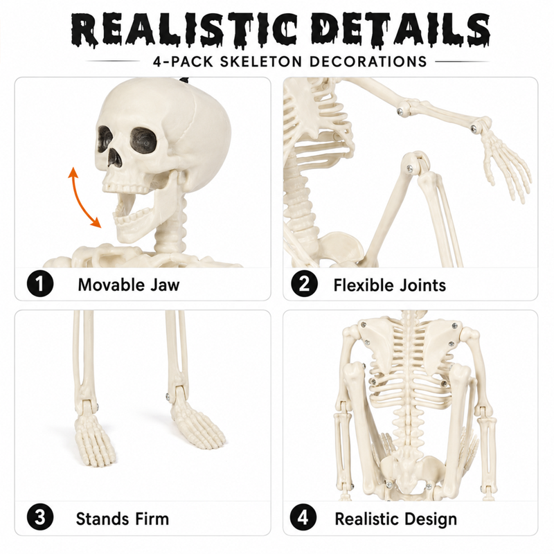Halloween Skeleton Decorations 4 Pack, 16 Inch Posable Hanging Skeletons for Haunted House & Yard Decor