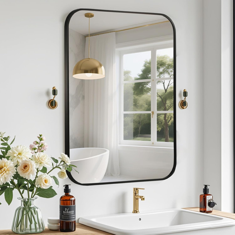 Bathroom Mirror Wall-Mounted 24x36 Rectangular Frame Black - Versatile & Elegant