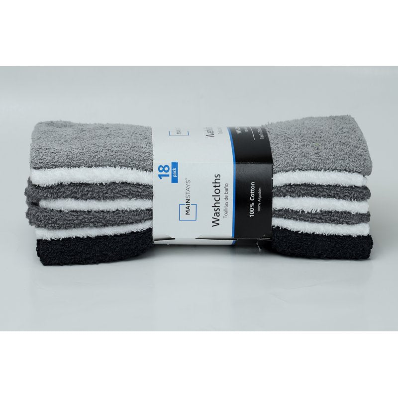 Mainstays 18-Pack Cotton Washcloths - Grey Multi, 11x11 Inches, Pack of 2